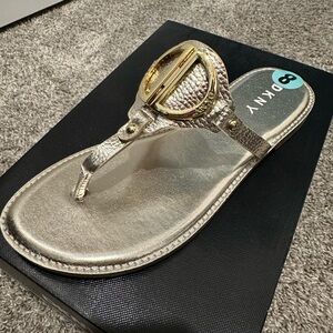 DKNY Metallic Gold Thong Sandals with Decorative Buckle